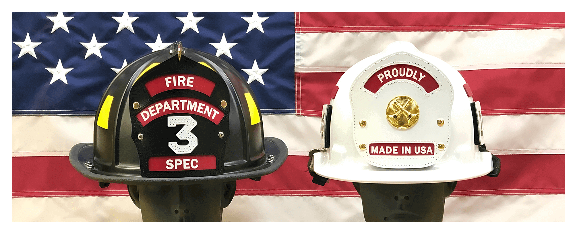A fire department helmet and an american flag.